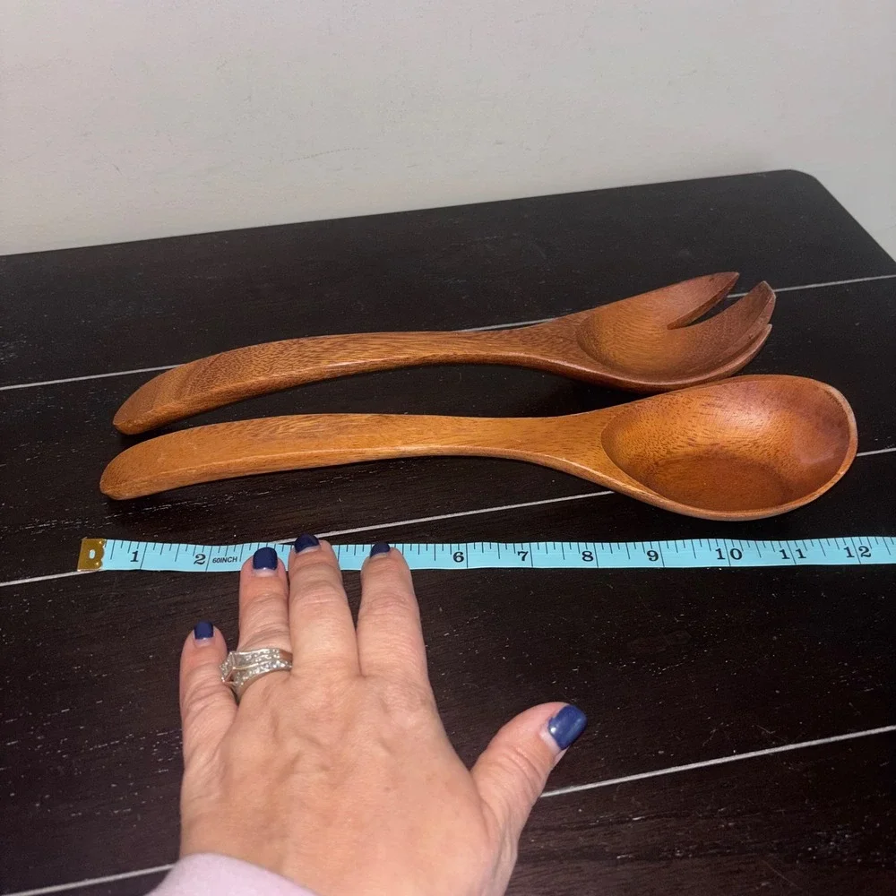 Vintage Mid Century Modern Solid‎ Wood Salad Servers Spoon and Fork Set 12 Inch